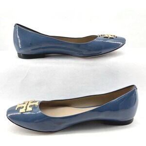 Tory Burch Reva Ballet Flats sz 7M Blue Good Patent Leather Gold Logo Medallion